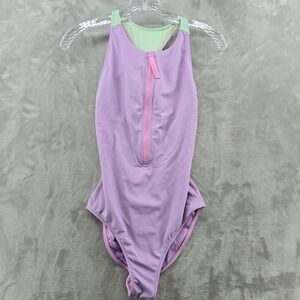 Fabletics Women Small One Piece Swimsuit Pastel Purple Front Zip Racerback